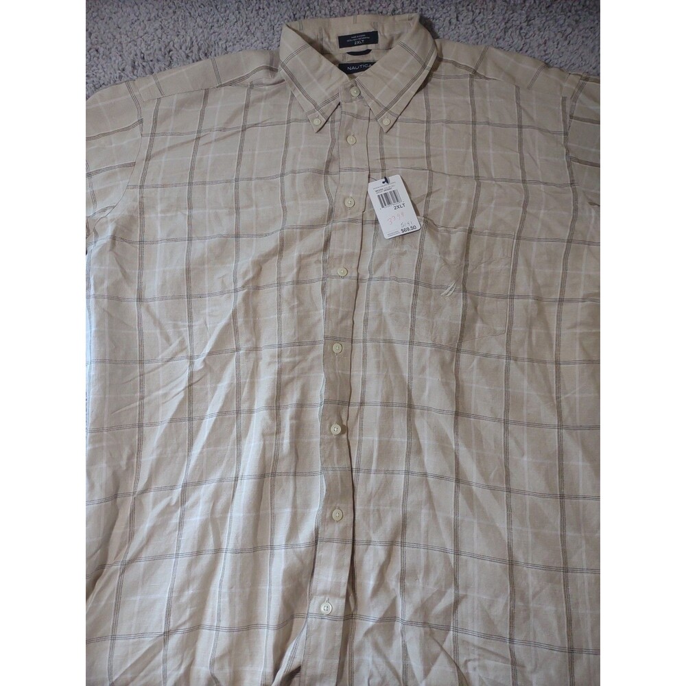 Nwt Nautica Mens 2XLT Button Up Short Sleeve Linen Blend Tan Striped Breathable
